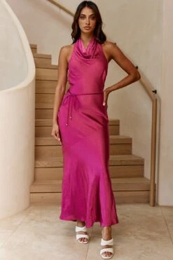 India Cowl Halterneck Satin Maxi Dress Fuchsia -Bridal Dr. Denim Store A0249D 20FUCHSIA 8