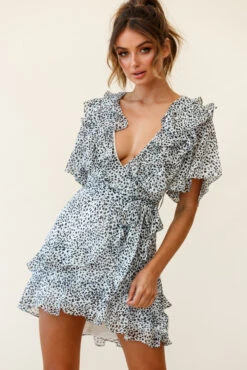 Sweet Talk Short Sleeve Ruffle Detail Dress Speckle Print White -Bridal Dr. Denim Store CM0088D WHITE 3