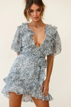 Sweet Talk Short Sleeve Ruffle Detail Dress Speckle Print White -Bridal Dr. Denim Store CM0088D WHITE 5