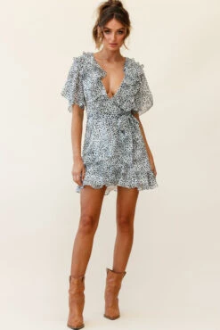 Sweet Talk Short Sleeve Ruffle Detail Dress Speckle Print White -Bridal Dr. Denim Store CM0088D WHITE 8