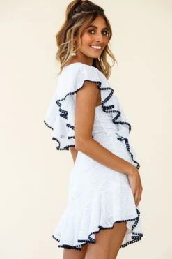 Deandra Ruffle Insert Waist Tie Dress Dash Pattern White -Bridal Dr. Denim Store CM0385D WHITE 2