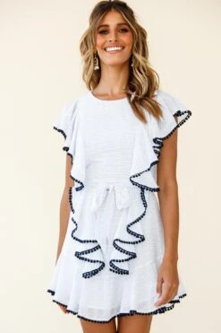 Deandra Ruffle Insert Waist Tie Dress Dash Pattern White -Bridal Dr. Denim Store CM0385D WHITE 3