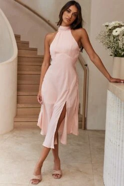 Promises Halterneck Front Split Midi Dress Peach -Bridal Dr. Denim Store CM0678B01 20PEACH 4
