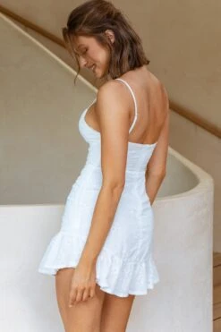 Keeping Secrets Ruched Front Flounce Hem Embroidered Mini Dress White -Bridal Dr. Denim Store CM1190D 20WHITE 6