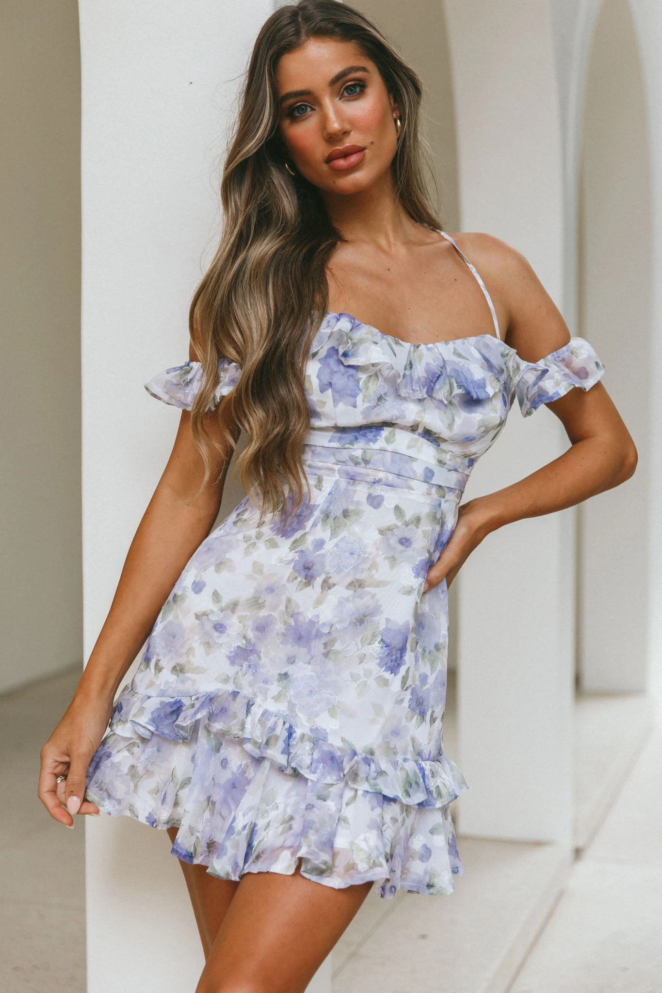 Matilda Frill Trim Off-Shoulder Mini Dress Floral Print Blue 4 Matilda Frill Trim Off-Shoulder Mini Dress Floral Print Blue - Image 4