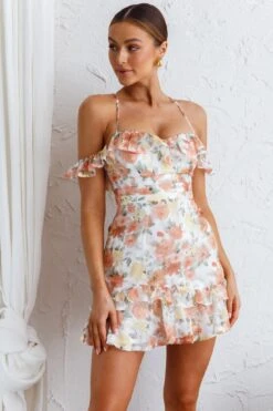 Matilda Frill Trim Off-Shoulder Mini Dress Floral Print Orange 10 Matilda Frill Trim Off-Shoulder Mini Dress Floral Print Orange -Bridal Dr. Denim Store CM1242B03 20ORANGE 4