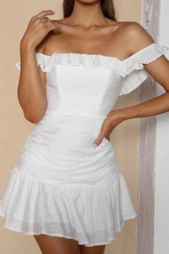 Paradis Off-Shoulder Ruched Bodice Mini Dress White -Bridal Dr. Denim Store CM1269B02 20WHITE 4