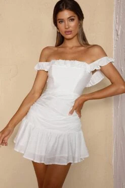 Paradis Off-Shoulder Ruched Bodice Mini Dress White -Bridal Dr. Denim Store CM1269B02 20WHITE 6