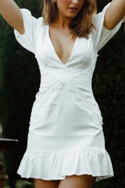 Avignon Puff Sleeve Lace And Pintuck Pleat Dress White -Bridal Dr. Denim Store CM1279B WHITE 4
