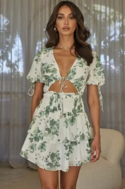 Sylvie Shirred Layered Hem Dress Floral White/Olive -Bridal Dr. Denim Store CM1344J03 20WHITE OLIVE 4