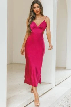 City Lights Cut-Out Waist Strappy Back Midi Dress Fuchsia -Bridal Dr. Denim Store CM1380B 20FUCHSIA 6