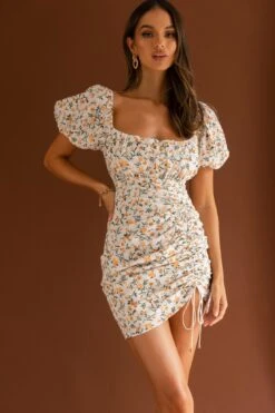 High Summer Drawstring Detail Mini Dress Floral Orange -Bridal Dr. Denim Store CM1410B01 20ORANGE 2