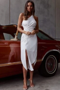 Casa Del Mar One-Shoulder Ruched Midi Dress White -Bridal Dr. Denim Store CM1510J01 WHITE 4