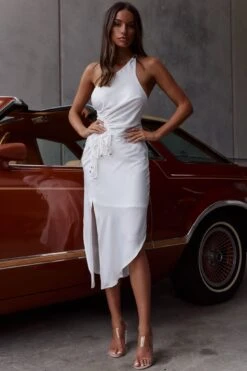 Casa Del Mar One-Shoulder Ruched Midi Dress White -Bridal Dr. Denim Store CM1510J01 WHITE 8