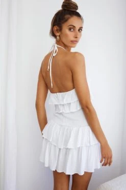 Kristy Halterneck Shirred Bodice Ruffle Mini Dress White 12 Kristy Halterneck Shirred Bodice Ruffle Mini Dress White -Bridal Dr. Denim Store CM1524J WHITE 6