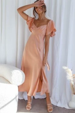 Park Avenue Flutter Sleeve Side Split Midi Dress Apricot 8 Park Avenue Flutter Sleeve Side Split Midi Dress Apricot -Bridal Dr. Denim Store CM1529J APRICOT 2