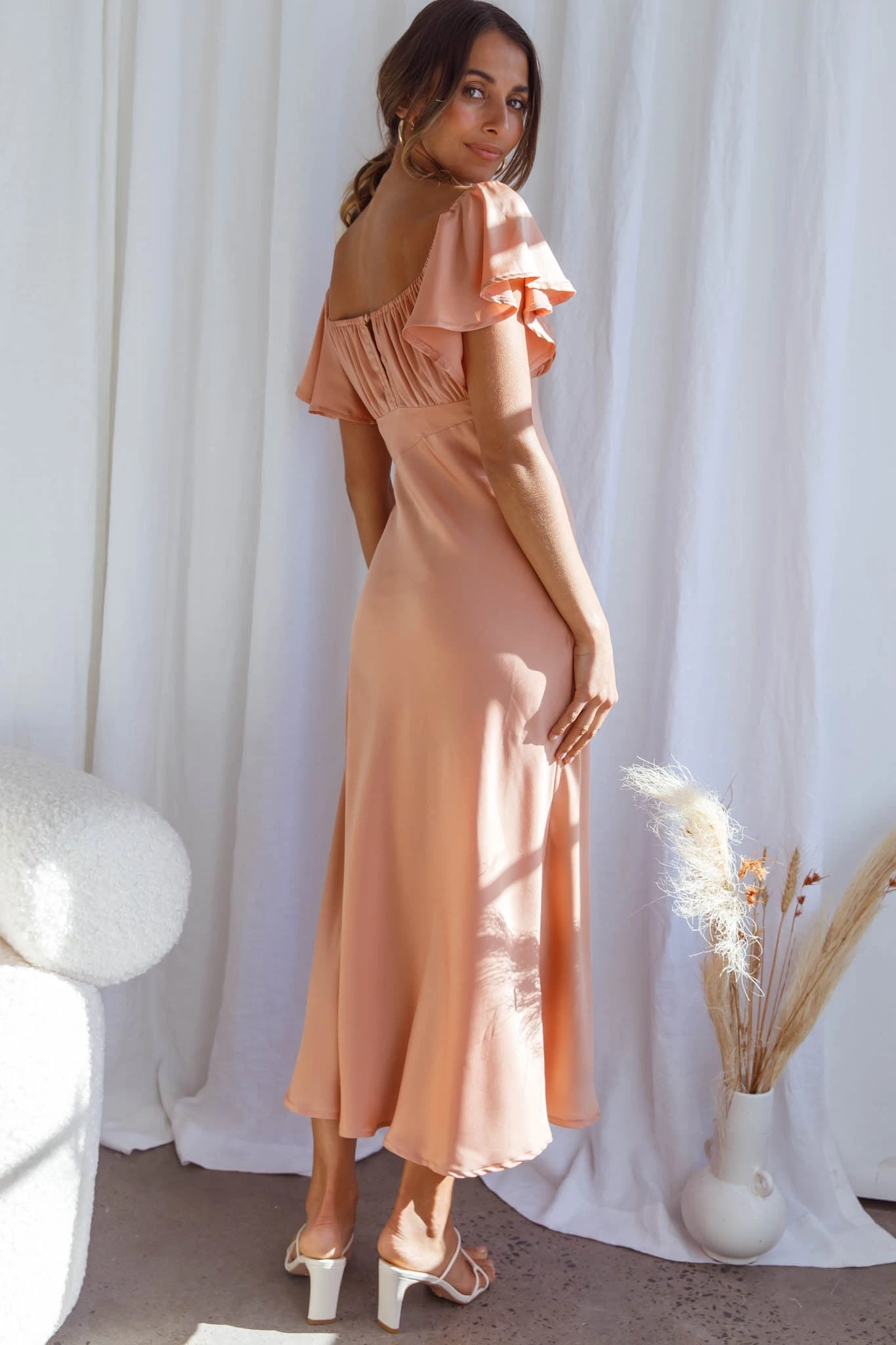 Park Avenue Flutter Sleeve Side Split Midi Dress Apricot 2 Park Avenue Flutter Sleeve Side Split Midi Dress Apricot - Image 2