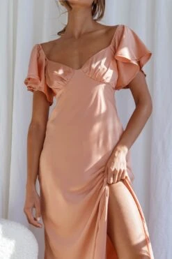 Park Avenue Flutter Sleeve Side Split Midi Dress Apricot 9 Park Avenue Flutter Sleeve Side Split Midi Dress Apricot -Bridal Dr. Denim Store CM1529J APRICOT 4