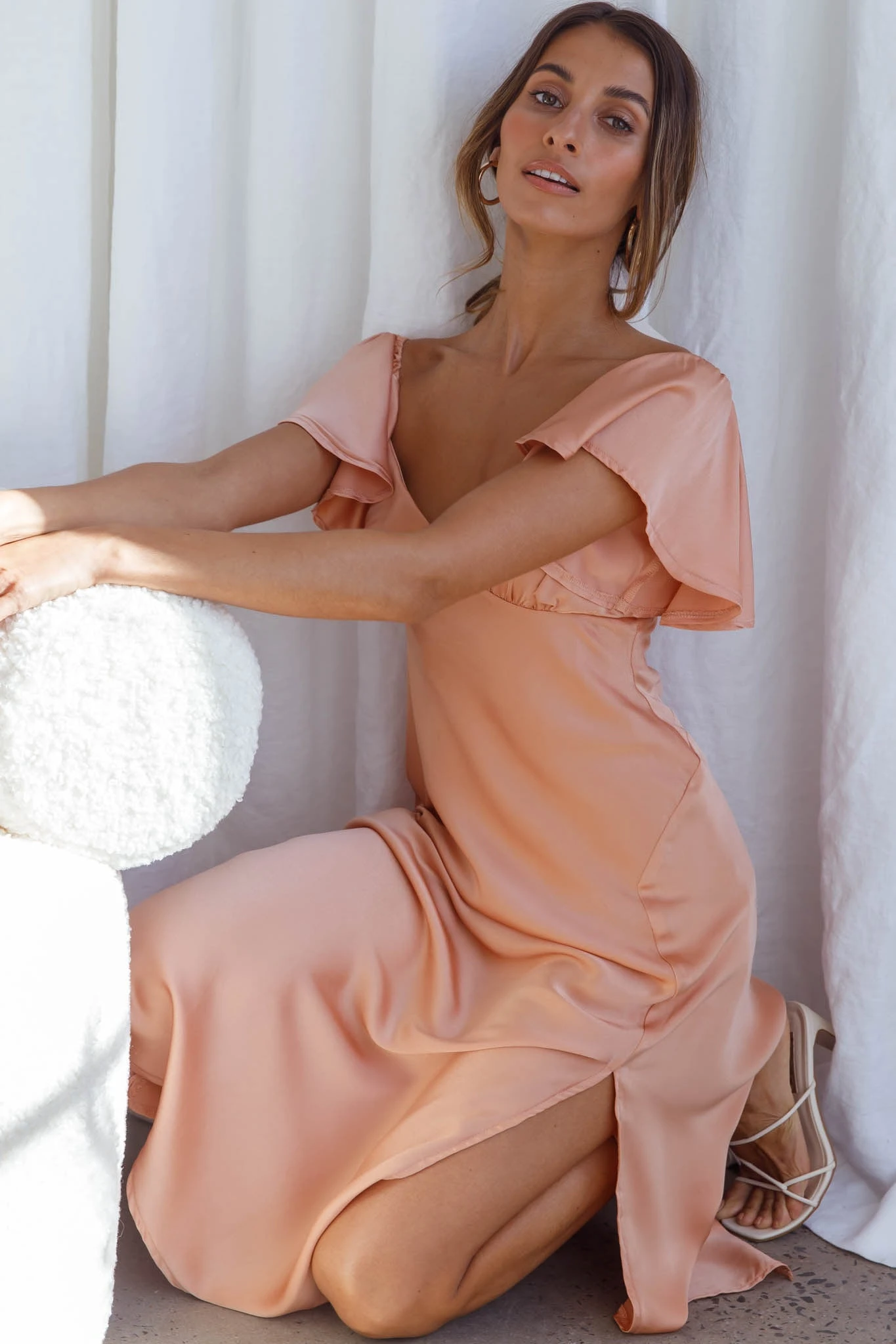 Park Avenue Flutter Sleeve Side Split Midi Dress Apricot 5 Park Avenue Flutter Sleeve Side Split Midi Dress Apricot - Image 5