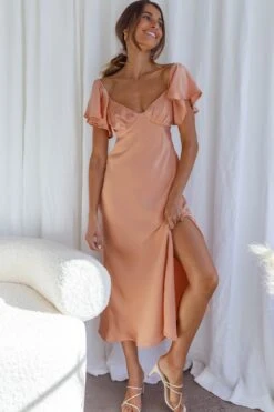 Park Avenue Flutter Sleeve Side Split Midi Dress Apricot 11 Park Avenue Flutter Sleeve Side Split Midi Dress Apricot -Bridal Dr. Denim Store CM1529J APRICOT 6