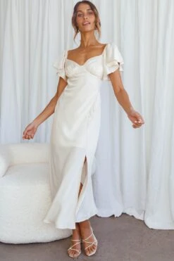 Park Avenue Flutter Sleeve Side Split Midi Dress Ivory -Bridal Dr. Denim Store CM1529J IVORY 5