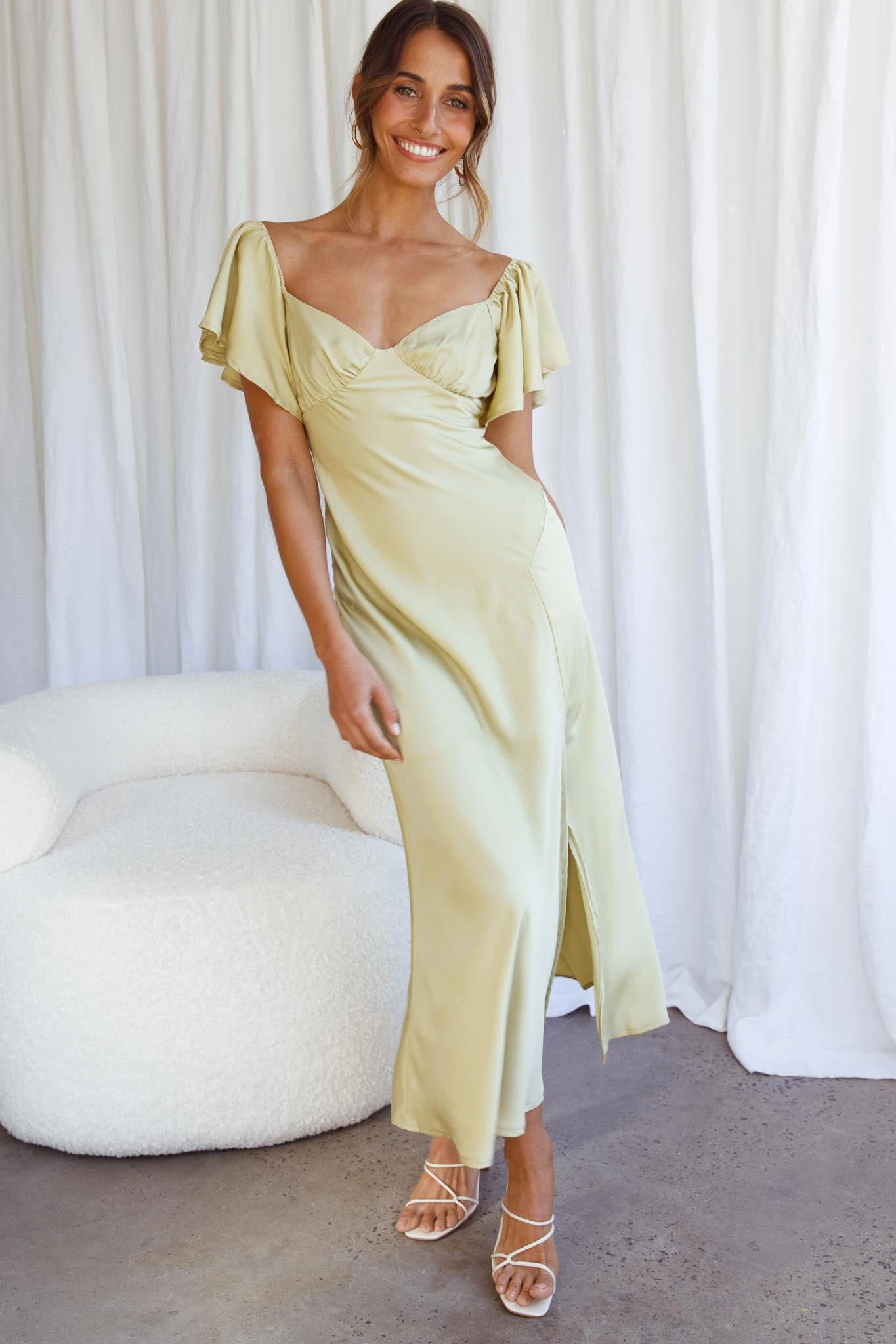 Park Avenue Flutter Sleeve Side Split Midi Dress Matcha 6 Park Avenue Flutter Sleeve Side Split Midi Dress Matcha - Image 6