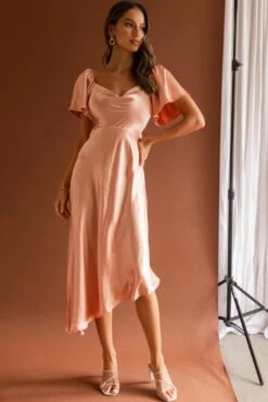 Grayson Tied Back Asymmetrical Midi Dress Peach 10 Grayson Tied Back Asymmetrical Midi Dress Peach -Bridal Dr. Denim Store CM1571B PEACH 2