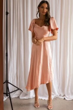 Grayson Tied Back Asymmetrical Midi Dress Peach 12 Grayson Tied Back Asymmetrical Midi Dress Peach -Bridal Dr. Denim Store CM1571B PEACH 5