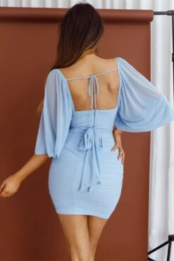 Kai Balloon Sleeve Ruched Mesh Overlay Dress Blue 14 Kai Balloon Sleeve Ruched Mesh Overlay Dress Blue -Bridal Dr. Denim Store CM1596BBLUE 3