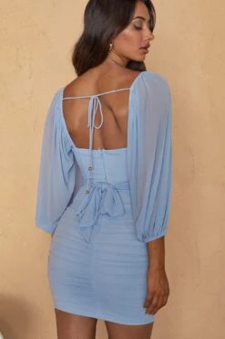 Kai Balloon Sleeve Ruched Mesh Overlay Dress Blue 19 Kai Balloon Sleeve Ruched Mesh Overlay Dress Blue -Bridal Dr. Denim Store CM1596B 20BLUE 3