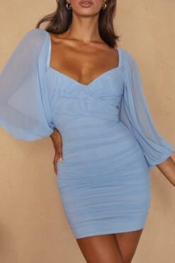 Kai Balloon Sleeve Ruched Mesh Overlay Dress Blue 21 Kai Balloon Sleeve Ruched Mesh Overlay Dress Blue -Bridal Dr. Denim Store CM1596B 20BLUE 4