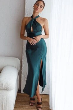 Te Amo Halterneck Open Back Midi Dress Forest Green -Bridal Dr. Denim Store CM1631B FOREST GREEN 2