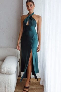 Te Amo Halterneck Open Back Midi Dress Forest Green -Bridal Dr. Denim Store CM1631B FOREST GREEN 4