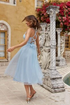 Surreal Lace-Up Back Tulle Midi Dress Blue -Bridal Dr. Denim Store CM2003DBLUE 2