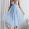 Surreal Lace-Up Back Tulle Midi Dress Blue