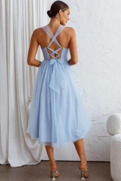 Surreal Lace-Up Back Tulle Midi Dress Blue -Bridal Dr. Denim Store CM2003D 20BLUE 3
