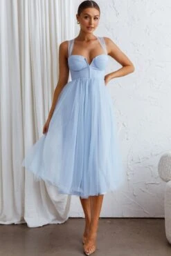 Surreal Lace-Up Back Tulle Midi Dress Blue -Bridal Dr. Denim Store CM2003D 20BLUE 8