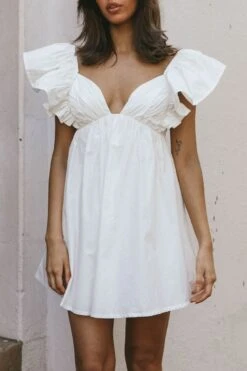 Marlina Ruffle Sleeve Babydoll Mini Dress White -Bridal Dr. Denim Store CM4055D 20WHITE 4
