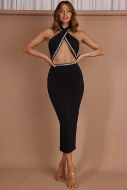 Vanna Diamante Trim Halterneck Dress Black -Bridal Dr. Denim Store CM5045D 20BLACK 2