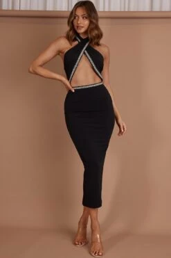 Vanna Diamante Trim Halterneck Dress Black -Bridal Dr. Denim Store CM5045D 20BLACK 4