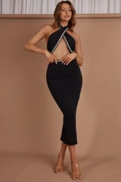 Vanna Diamante Trim Halterneck Dress Black -Bridal Dr. Denim Store CM5045D 20BLACK 7