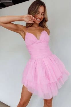 Nightingale Ruched Mesh Mini Dress Barbie Pink