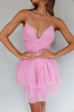 Nightingale Ruched Mesh Mini Dress Barbie Pink -Bridal Dr. Denim Store CM5046H 20BARBIE 20PINK 4