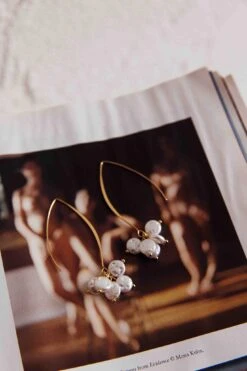 Sarah Pearl Accent Long Hook Earrings Gold -Bridal Dr. Denim Store ER0152 20GOLD 2