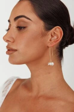 Sarah Pearl Accent Long Hook Earrings Gold -Bridal Dr. Denim Store ER0152 20GOLD 4