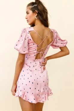 Indiana Puff Sleeve Lace-Up Back Dress Spot Print Pink -Bridal Dr. Denim Store KJ0031D PINK 3