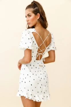 Indiana Puff Sleeve Lace-Up Back Dress Spot Print White -Bridal Dr. Denim Store KJ0031D WHITE 3