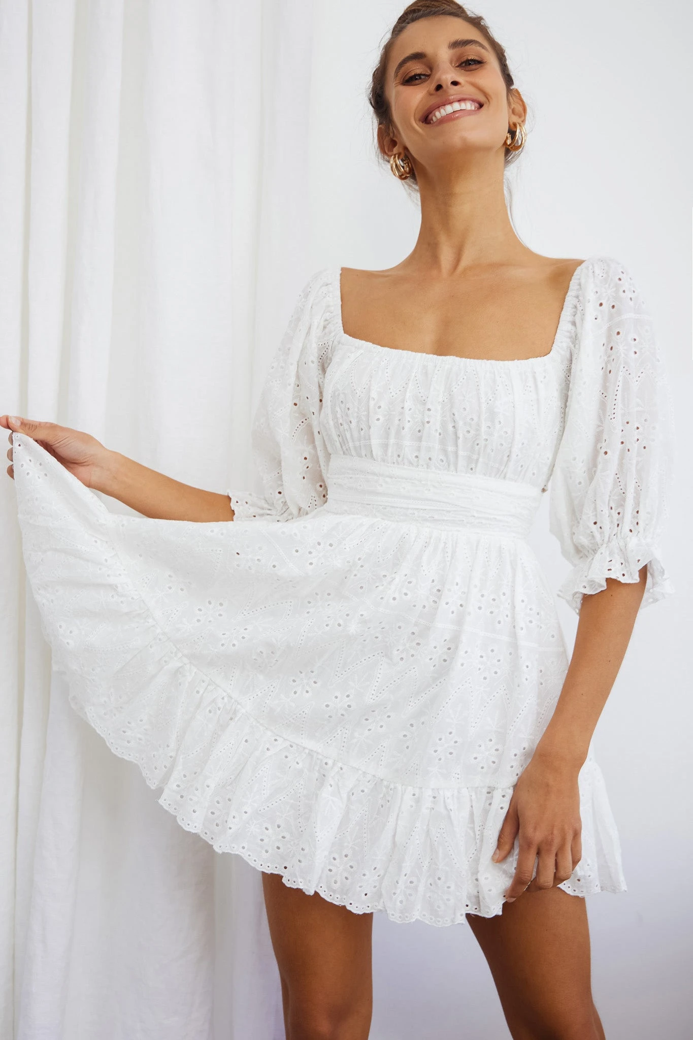 Abby Off-Shoulder Tie-Up Back Dress Eyelet Embroidery Dress White 1 Abby Off-Shoulder Tie-Up Back Dress Eyelet Embroidery Dress White