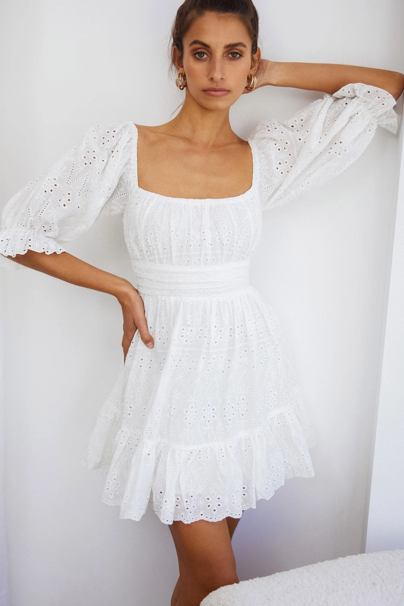 Abby Off-Shoulder Tie-Up Back Dress Eyelet Embroidery Dress White 4 Abby Off-Shoulder Tie-Up Back Dress Eyelet Embroidery Dress White - Image 4