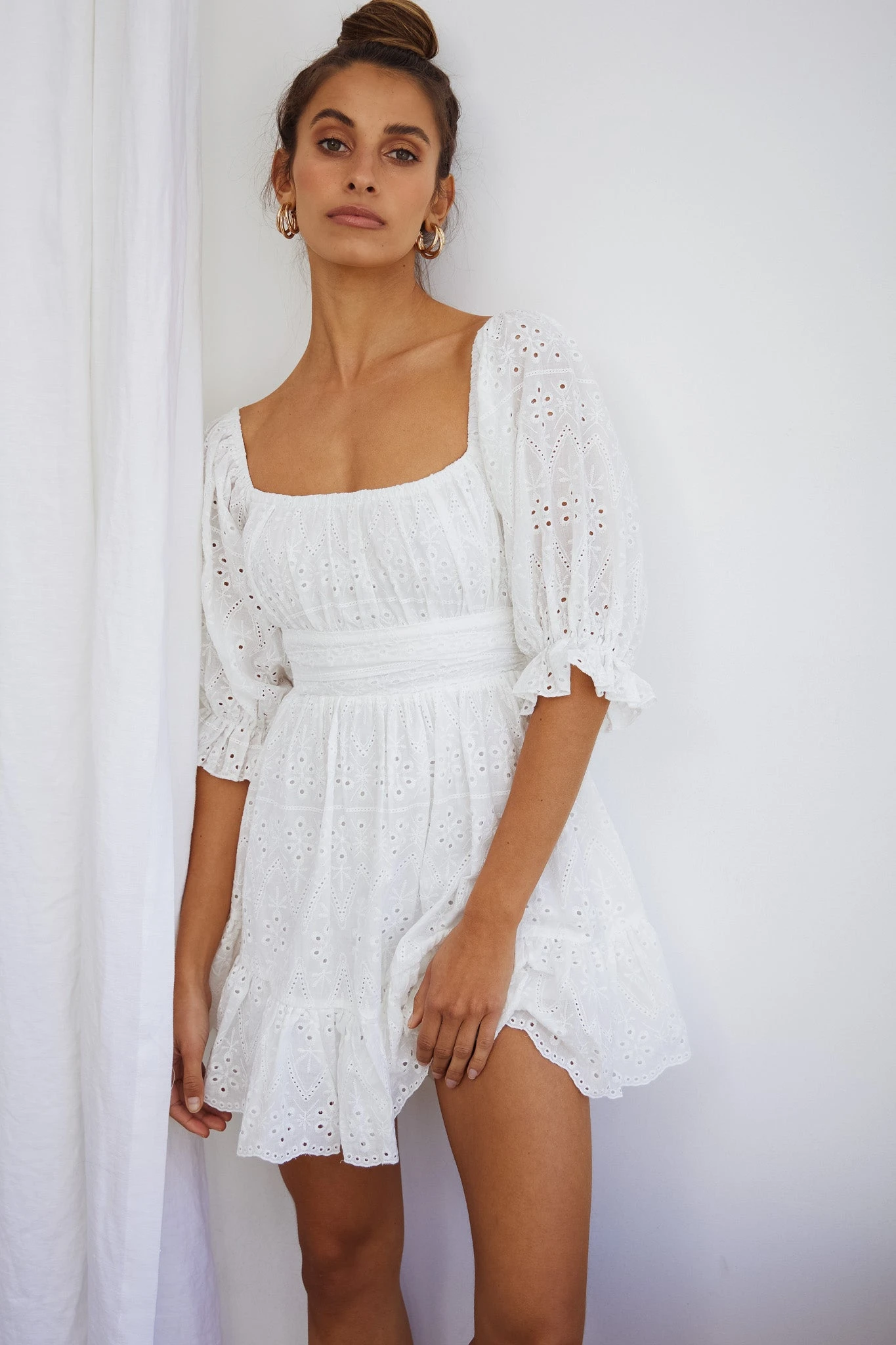 Abby Off-Shoulder Tie-Up Back Dress Eyelet Embroidery Dress White 7 Abby Off-Shoulder Tie-Up Back Dress Eyelet Embroidery Dress White - Image 7